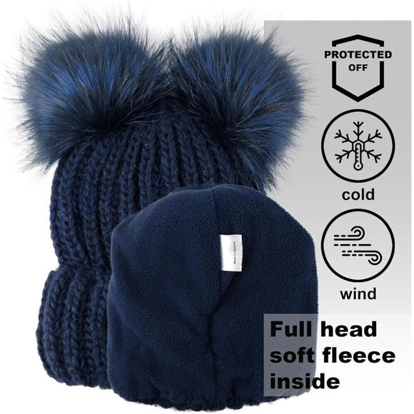 Braxton Beanie for Women - 2 Pom Cable Knit Warm Fleece- Wool Snow Cuff Ski Cap - Picture 2 of 7